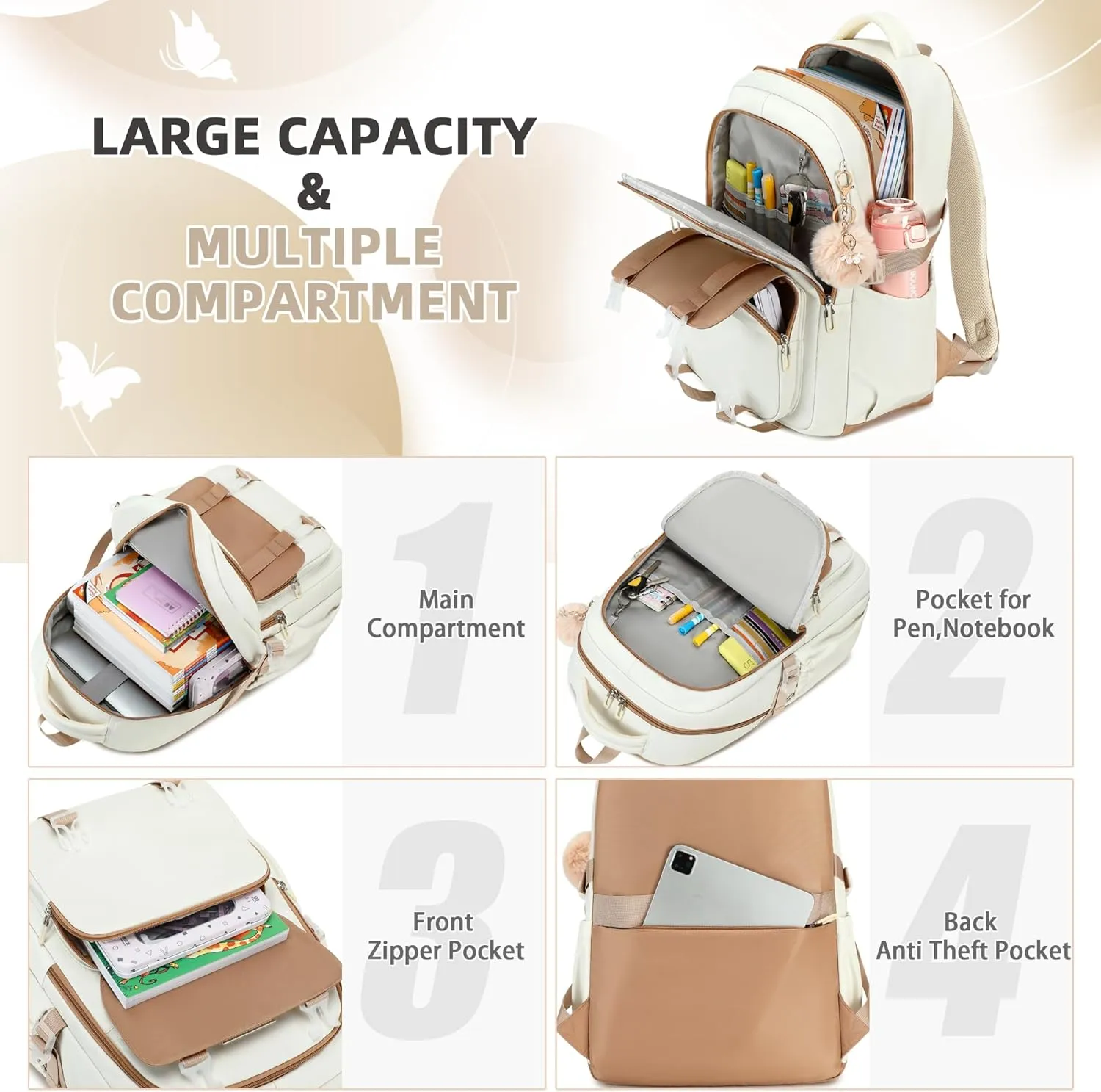 Backpacks for Girls,Laptop Bags for Women Men,3pcs Backpack with Lunch Bag Pencil Pouch Case for Teens Girl Kids Bookbag Elementary Middle School College Back Packs Student Daypack Beige Set