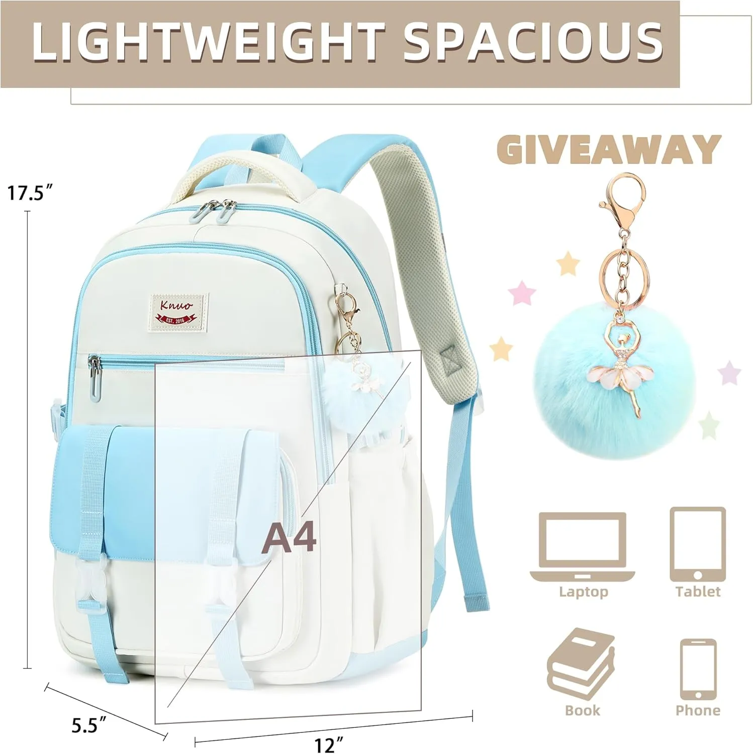 Backpacks for Girls,Laptop Bags for Women Men,3pcs Backpack with Lunch Bag Pencil Pouch Case for Teens Girl Kids Bookbag Elementary Middle School College Back Packs Student Daypack Blue Set