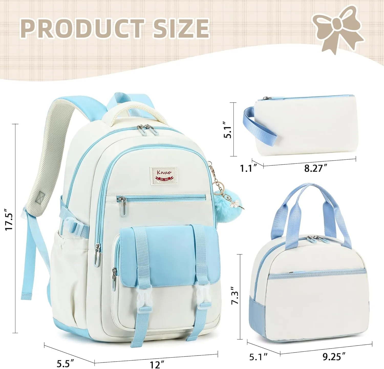 Backpacks for Girls,Laptop Bags for Women Men,3pcs Backpack with Lunch Bag Pencil Pouch Case for Teens Girl Kids Bookbag Elementary Middle School College Back Packs Student Daypack Blue Set