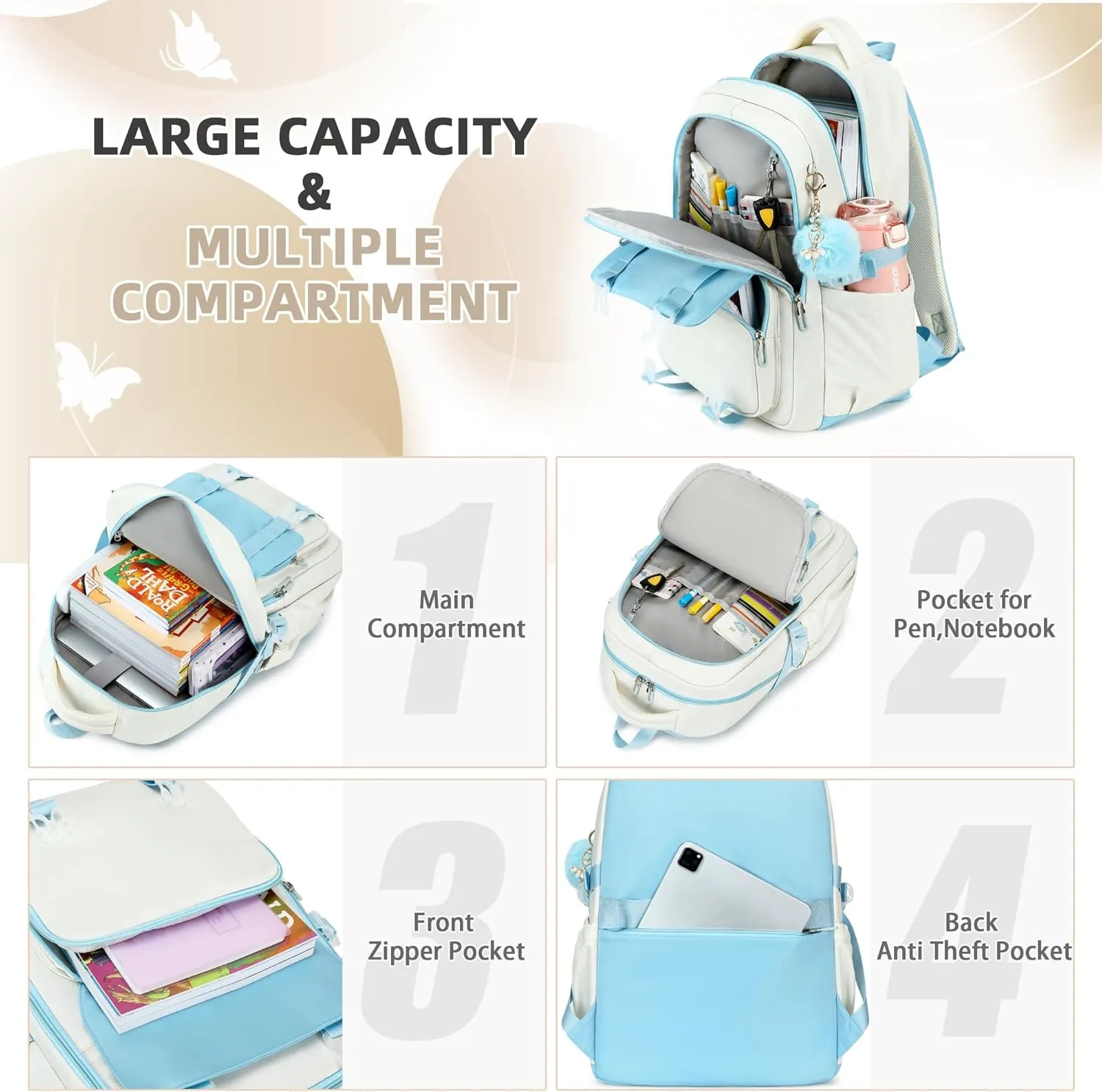 Backpacks for Girls,Laptop Bags for Women Men,3pcs Backpack with Lunch Bag Pencil Pouch Case for Teens Girl Kids Bookbag Elementary Middle School College Back Packs Student Daypack Blue Set