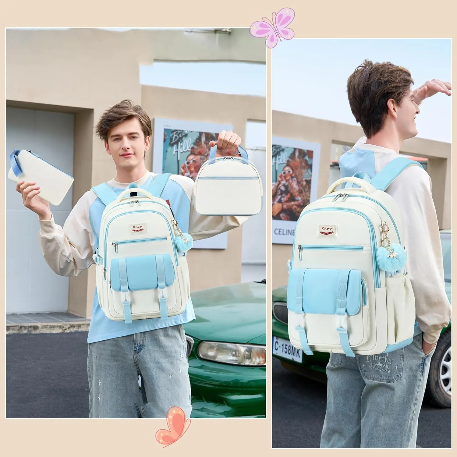Backpacks for Girls,Laptop Bags for Women Men,3pcs Backpack with Lunch Bag Pencil Pouch Case for Teens Girl Kids Bookbag Elementary Middle School College Back Packs Student Daypack Blue Set