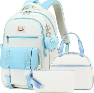 Backpacks for Girls,Laptop Bags for Women Men,3pcs Backpack with Lunch Bag Pencil Pouch Case for Teens Girl Kids Bookbag Elementary Middle School College Back Packs Student Daypack Blue Set