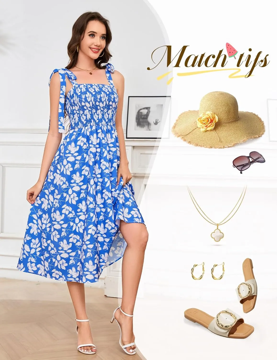 Bbonlinedress Women Summer Floral Boho Casual Midi Sundress Spaghetti Strap Beach Smocked Wedding Guest Flowy Dress