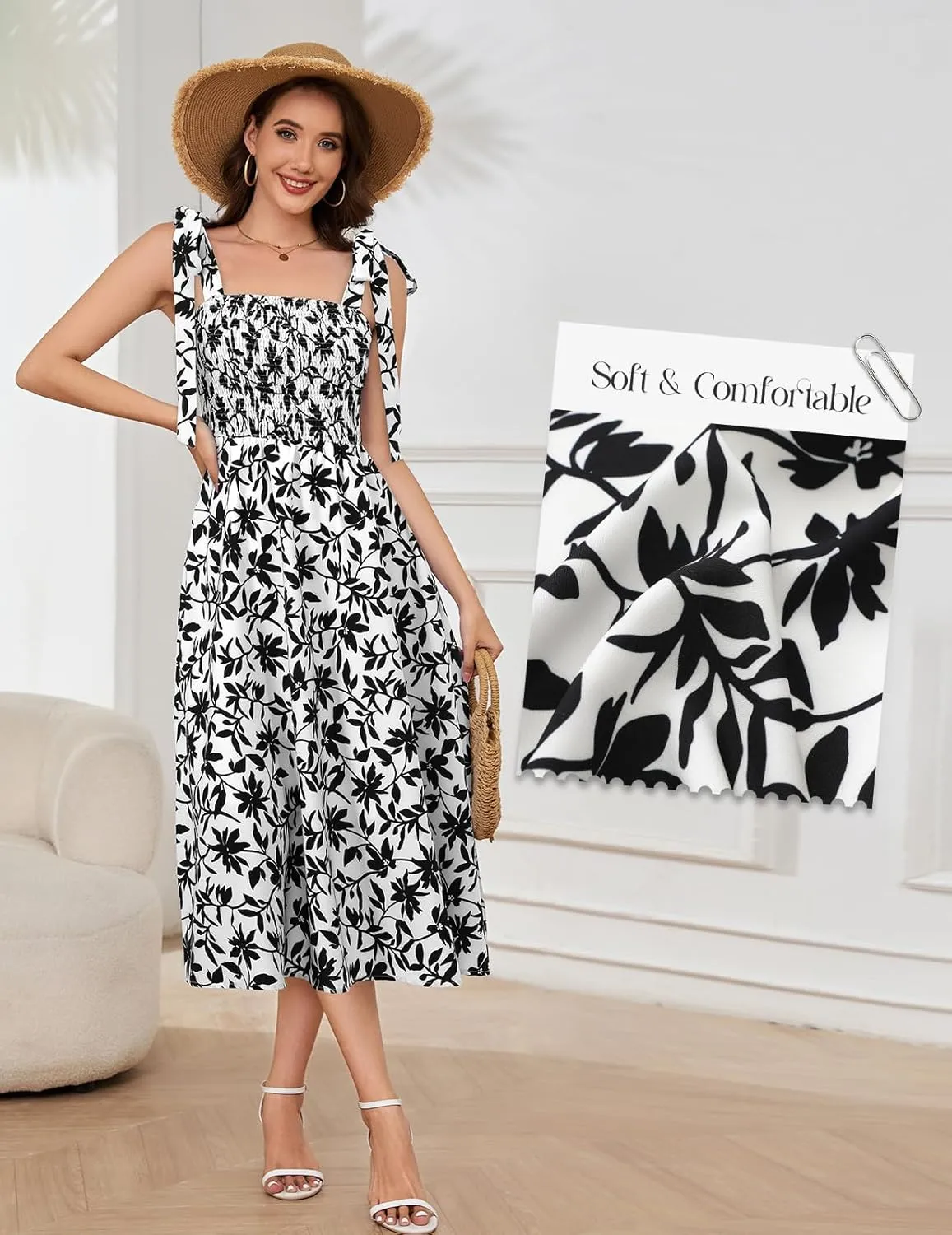 Bbonlinedress Women Summer Floral Boho Casual Midi Sundress Spaghetti Strap Beach Smocked Wedding Guest Flowy Dress