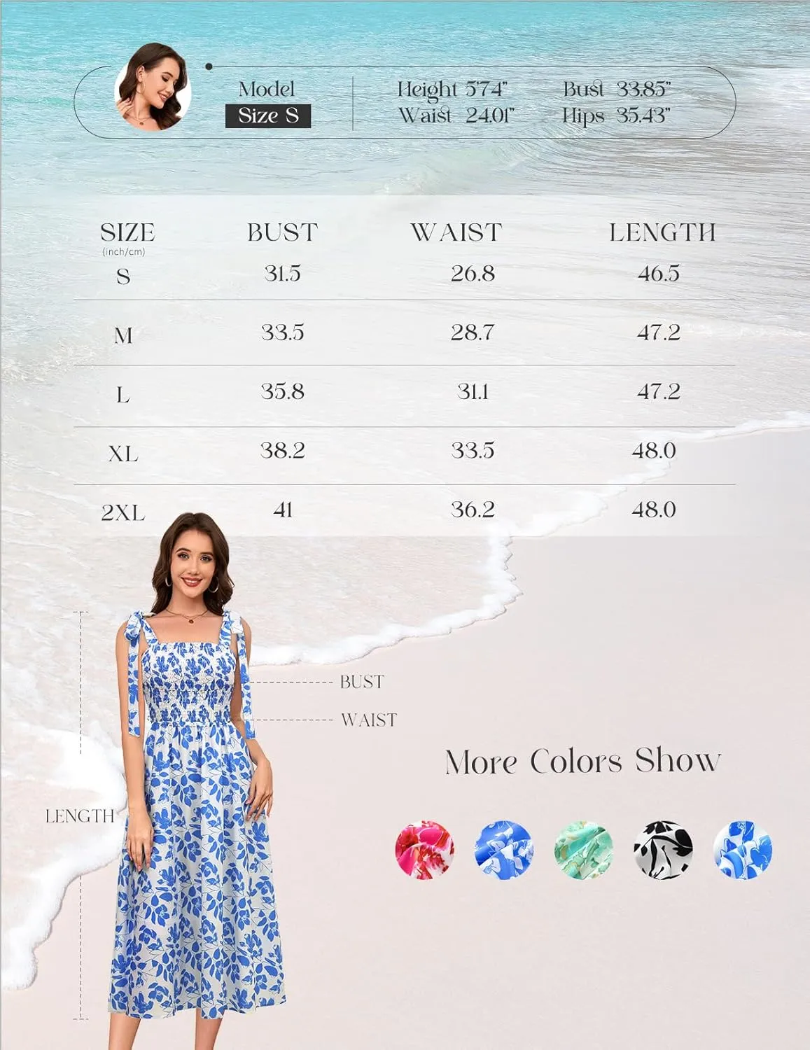 Bbonlinedress Women Summer Floral Boho Casual Midi Sundress Spaghetti Strap Beach Smocked Wedding Guest Flowy Dress