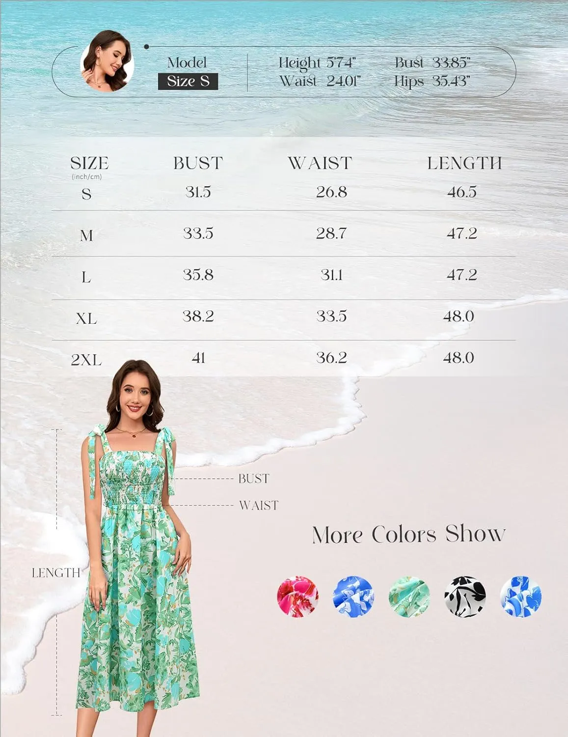 Bbonlinedress Women Summer Floral Boho Casual Midi Sundress Spaghetti Strap Beach Smocked Wedding Guest Flowy Dress