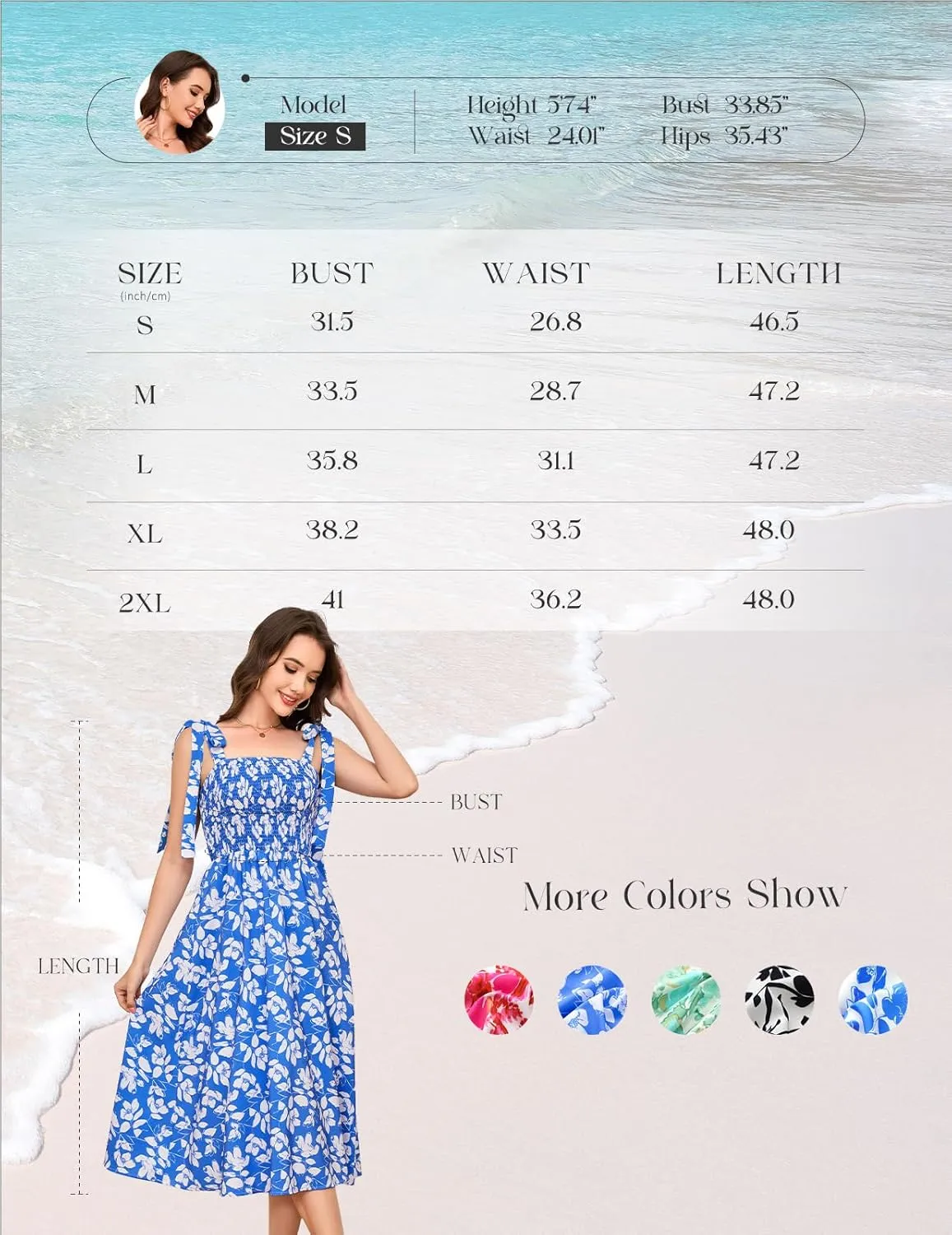 Bbonlinedress Women Summer Floral Boho Casual Midi Sundress Spaghetti Strap Beach Smocked Wedding Guest Flowy Dress