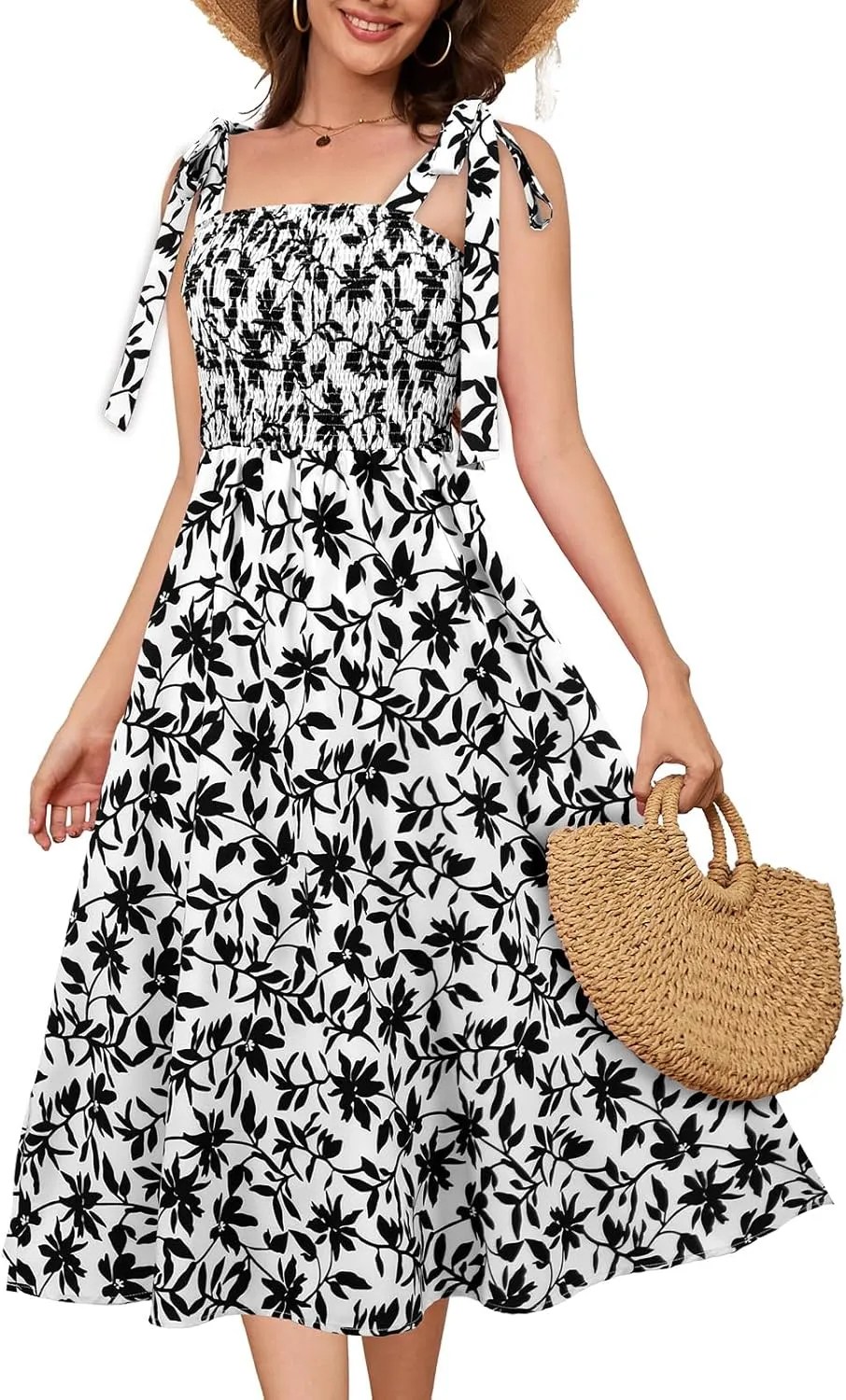 Bbonlinedress Women Summer Floral Boho Casual Midi Sundress Spaghetti Strap Beach Smocked Wedding Guest Flowy Dress
