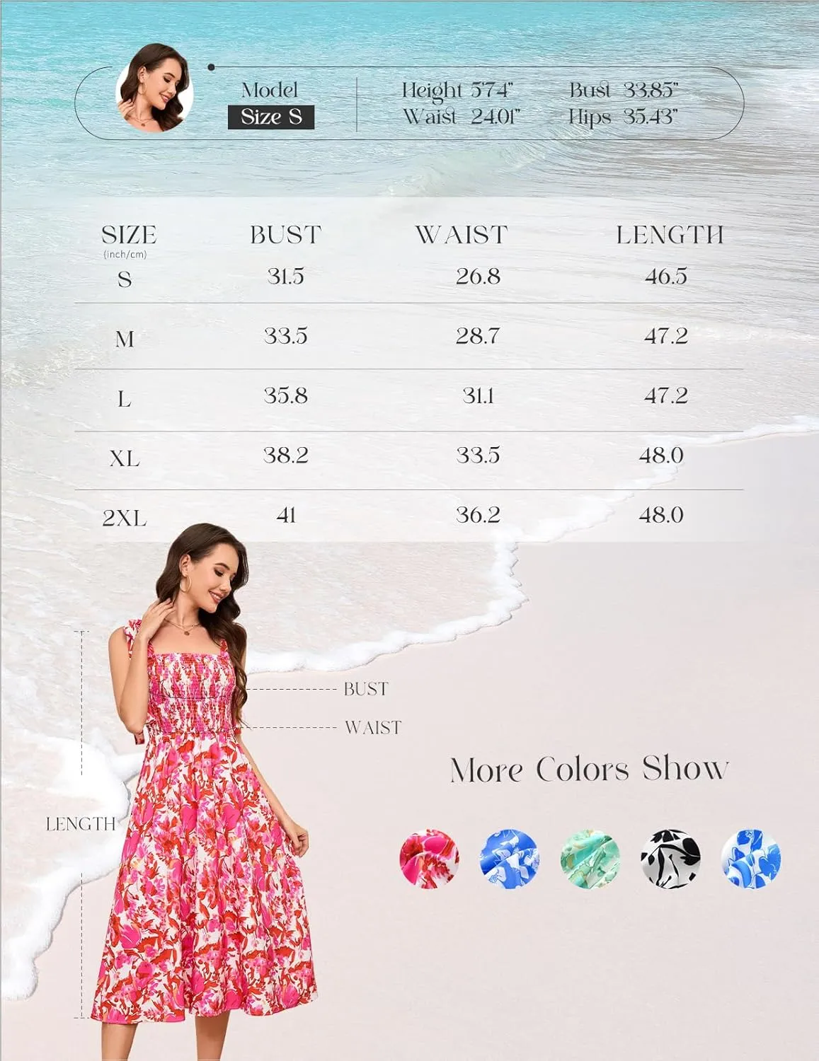 Bbonlinedress Women Summer Floral Boho Casual Midi Sundress Spaghetti Strap Beach Smocked Wedding Guest Flowy Dress