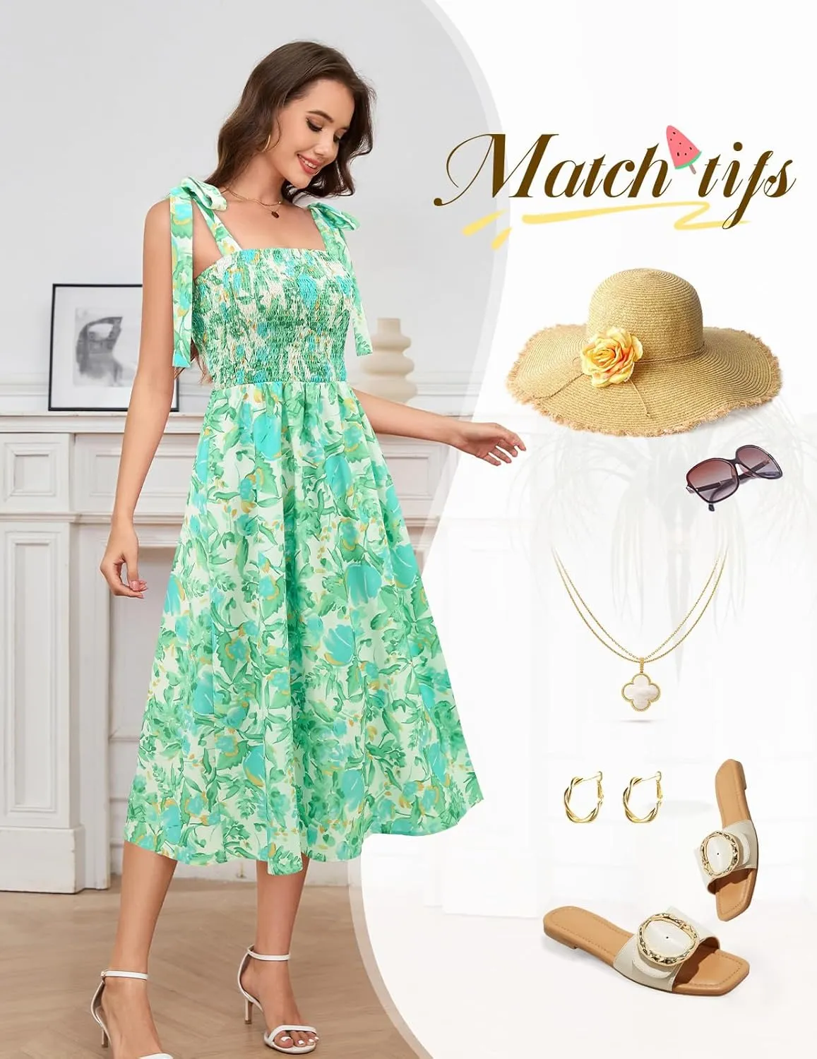 Bbonlinedress Women Summer Floral Boho Casual Midi Sundress Spaghetti Strap Beach Smocked Wedding Guest Flowy Dress