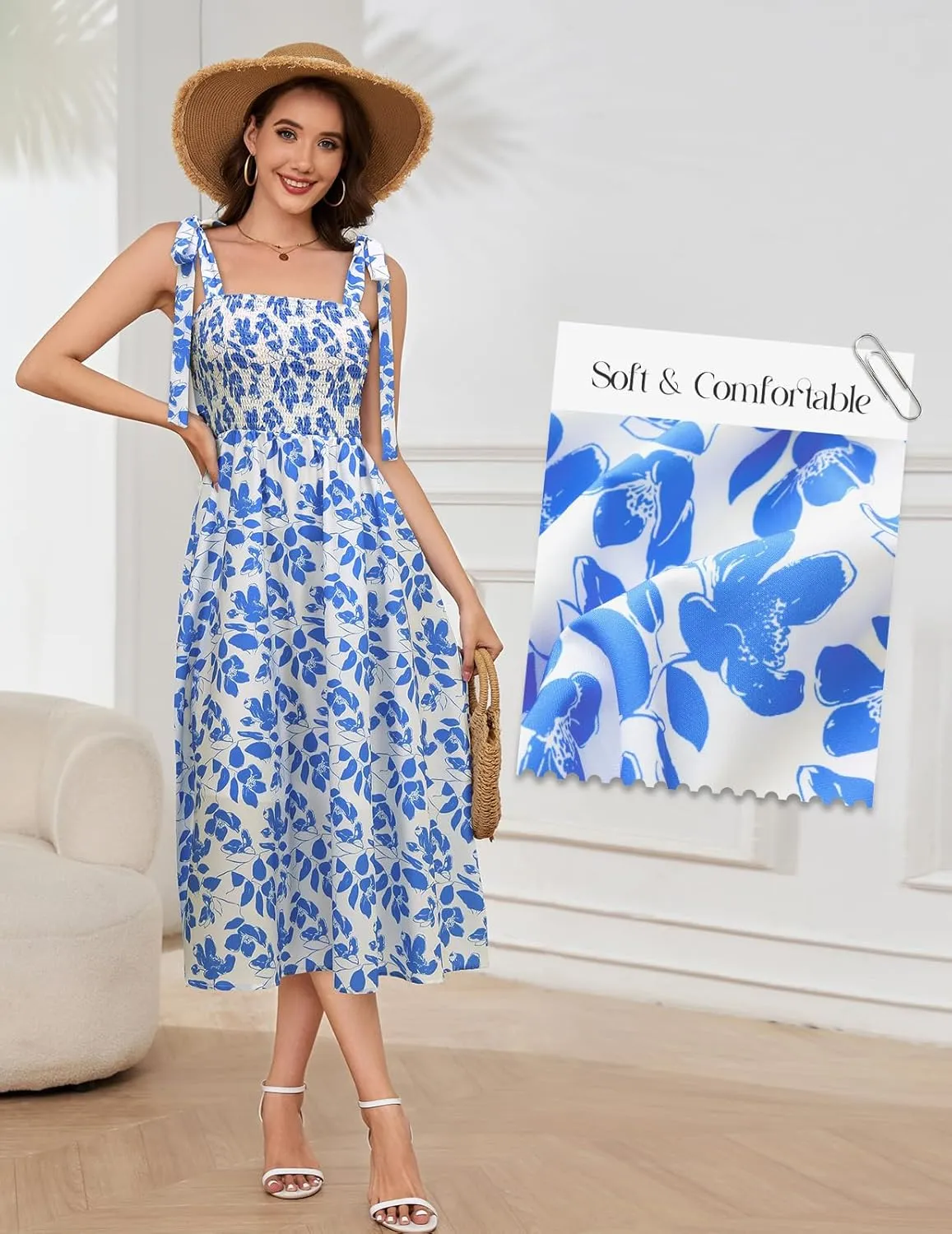 Bbonlinedress Women Summer Floral Boho Casual Midi Sundress Spaghetti Strap Beach Smocked Wedding Guest Flowy Dress