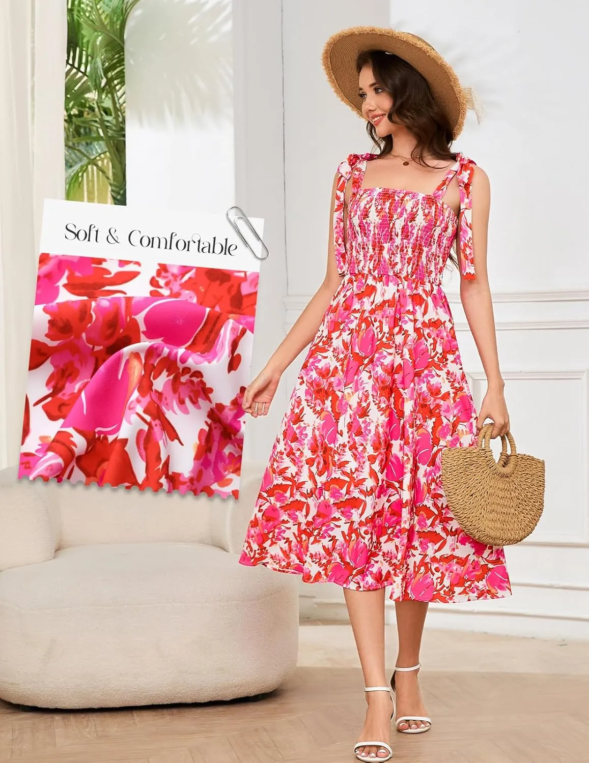 Bbonlinedress Women Summer Floral Boho Casual Midi Sundress Spaghetti Strap Beach Smocked Wedding Guest Flowy Dress