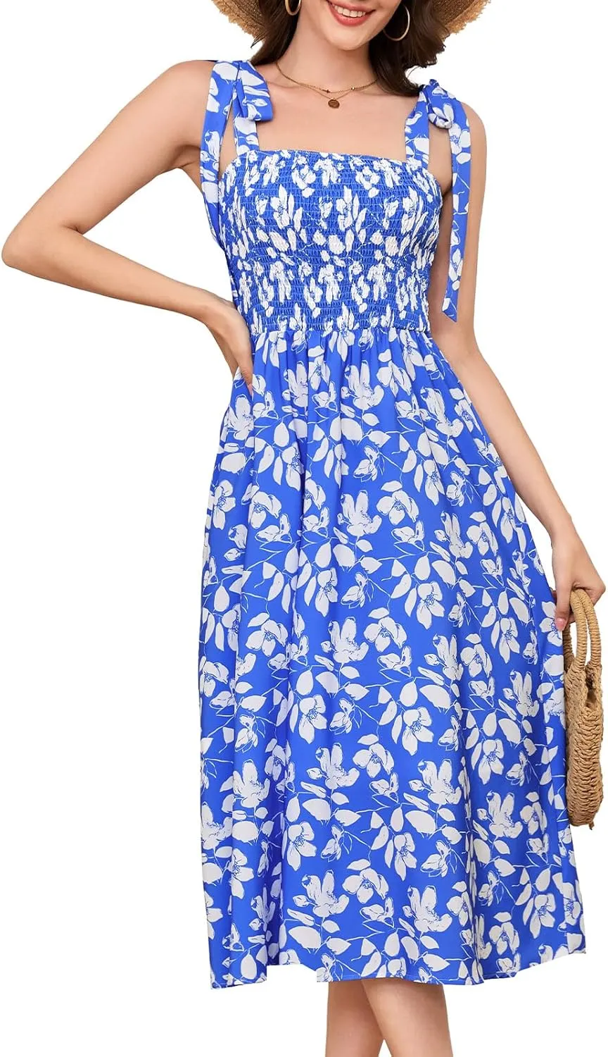 Bbonlinedress Women Summer Floral Boho Casual Midi Sundress Spaghetti Strap Beach Smocked Wedding Guest Flowy Dress