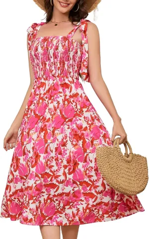 Bbonlinedress Women Summer Floral Boho Casual Midi Sundress Spaghetti Strap Beach Smocked Wedding Guest Flowy Dress