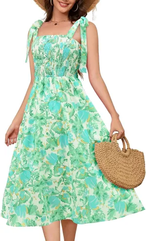 Bbonlinedress Women Summer Floral Boho Casual Midi Sundress Spaghetti Strap Beach Smocked Wedding Guest Flowy Dress