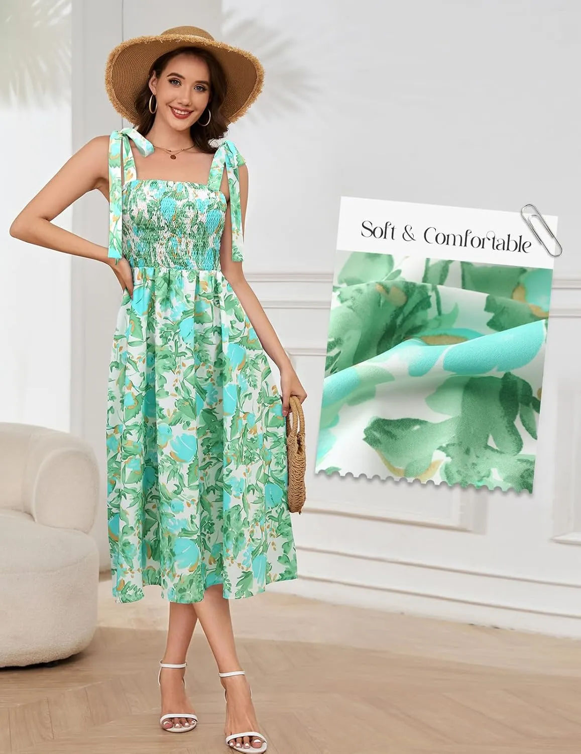 Bbonlinedress Women Summer Floral Boho Casual Midi Sundress Spaghetti Strap Beach Smocked Wedding Guest Flowy Dress