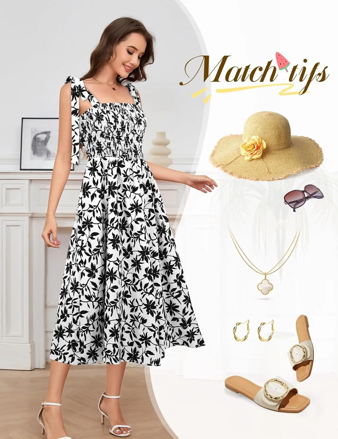 Bbonlinedress Women Summer Floral Boho Casual Midi Sundress Spaghetti Strap Beach Smocked Wedding Guest Flowy Dress