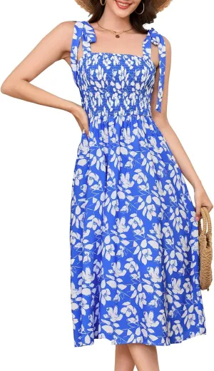 Bbonlinedress Women Summer Floral Boho Casual Midi Sundress Spaghetti Strap Beach Smocked Wedding Guest Flowy Dress