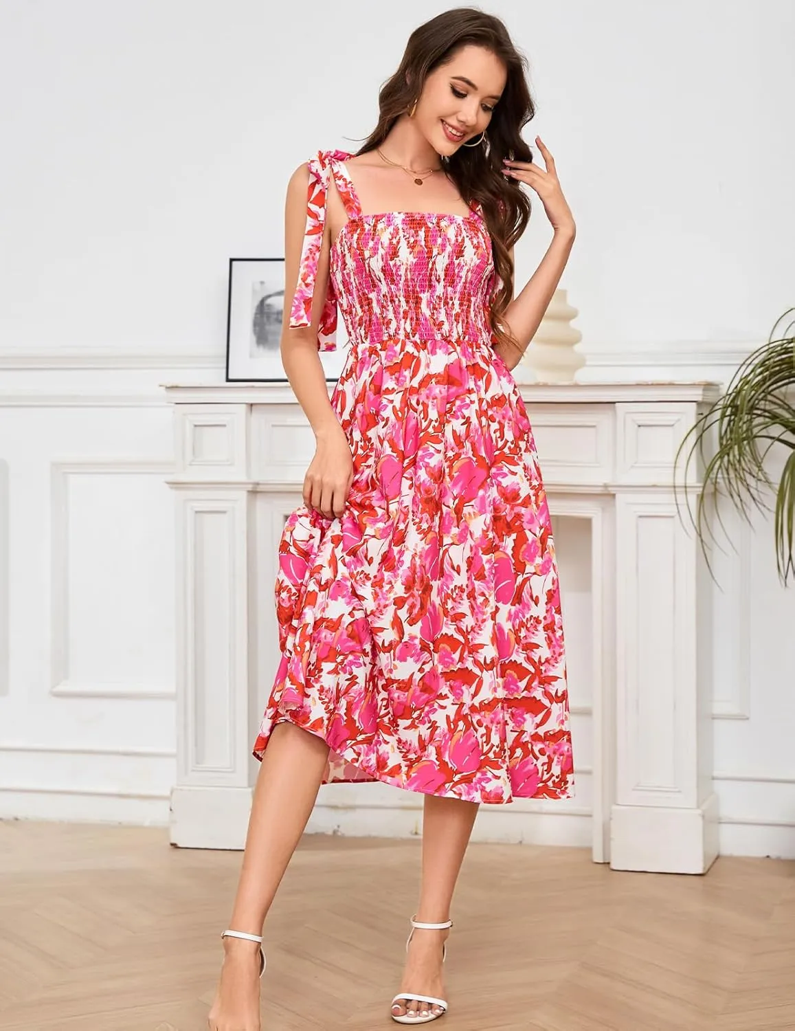 Bbonlinedress Women Summer Floral Boho Casual Midi Sundress Spaghetti Strap Beach Smocked Wedding Guest Flowy Dress