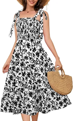 Bbonlinedress Women Summer Floral Boho Casual Midi Sundress Spaghetti Strap Beach Smocked Wedding Guest Flowy Dress