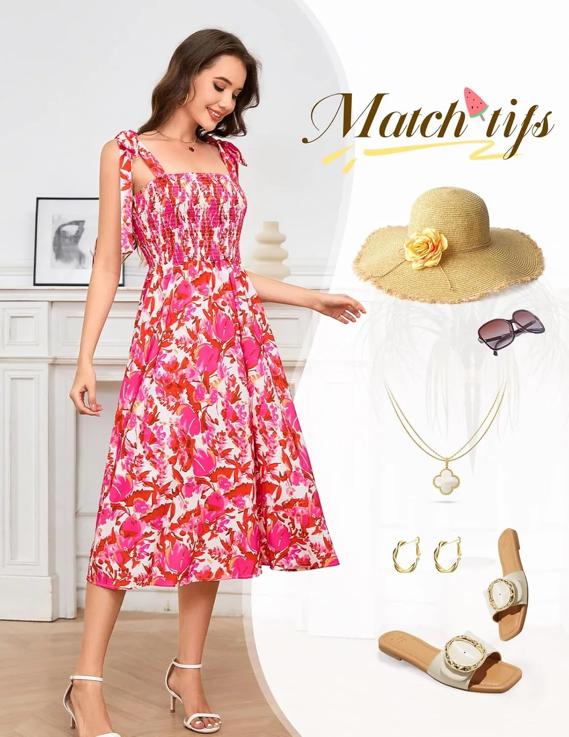 Bbonlinedress Women Summer Floral Boho Casual Midi Sundress Spaghetti Strap Beach Smocked Wedding Guest Flowy Dress