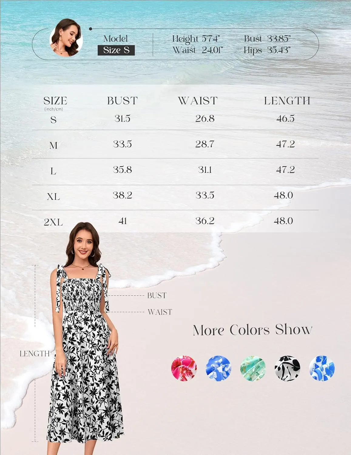 Bbonlinedress Women Summer Floral Boho Casual Midi Sundress Spaghetti Strap Beach Smocked Wedding Guest Flowy Dress