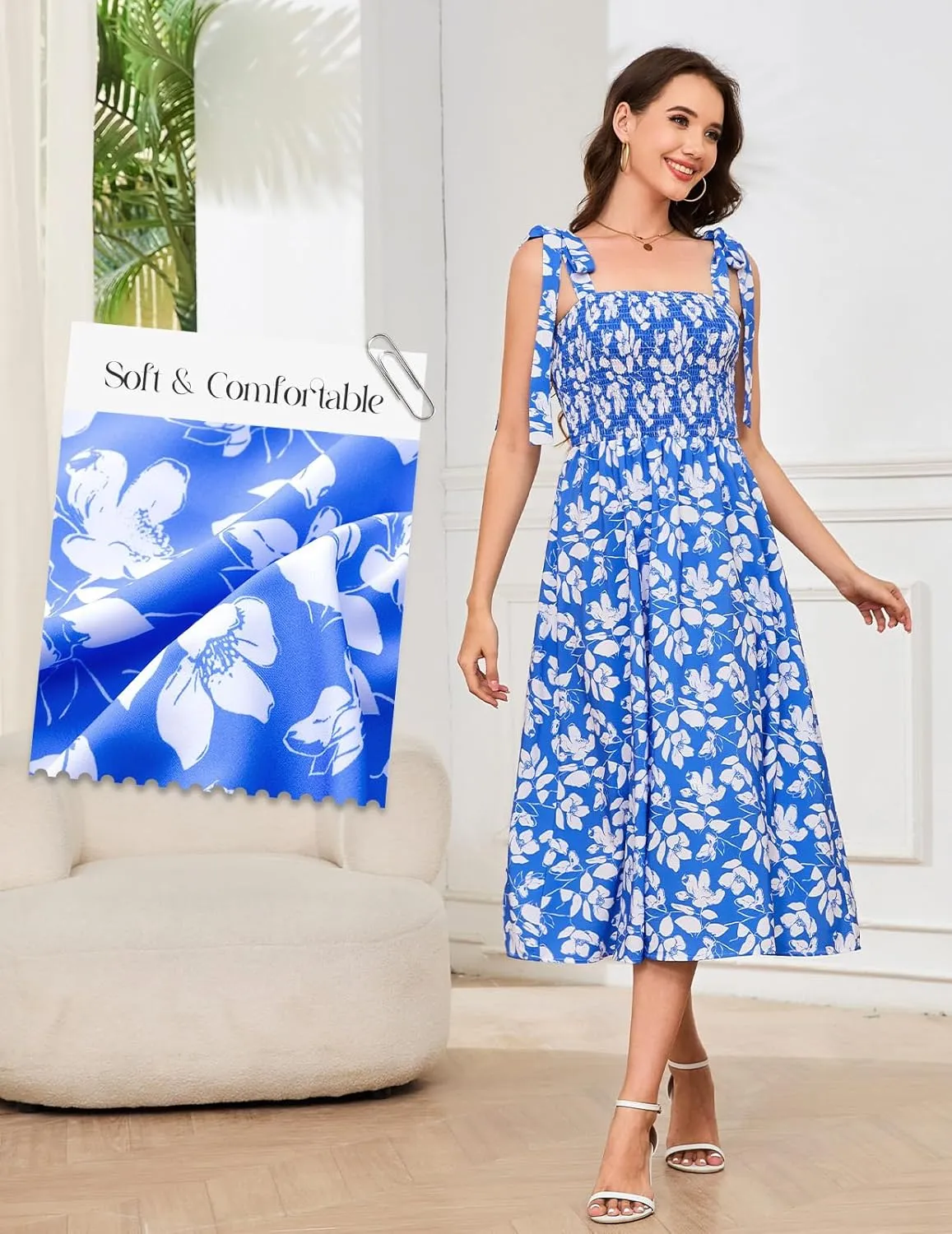 Bbonlinedress Women Summer Floral Boho Casual Midi Sundress Spaghetti Strap Beach Smocked Wedding Guest Flowy Dress