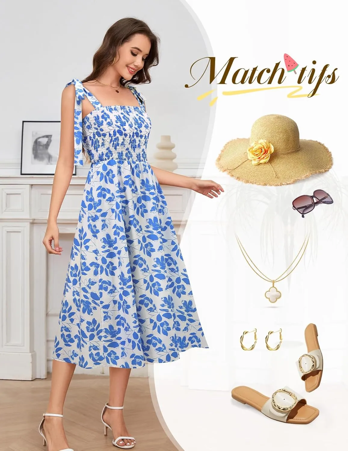 Bbonlinedress Women Summer Floral Boho Casual Midi Sundress Spaghetti Strap Beach Smocked Wedding Guest Flowy Dress