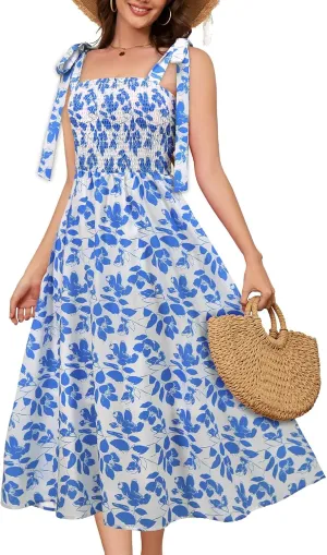 Bbonlinedress Women Summer Floral Boho Casual Midi Sundress Spaghetti Strap Beach Smocked Wedding Guest Flowy Dress