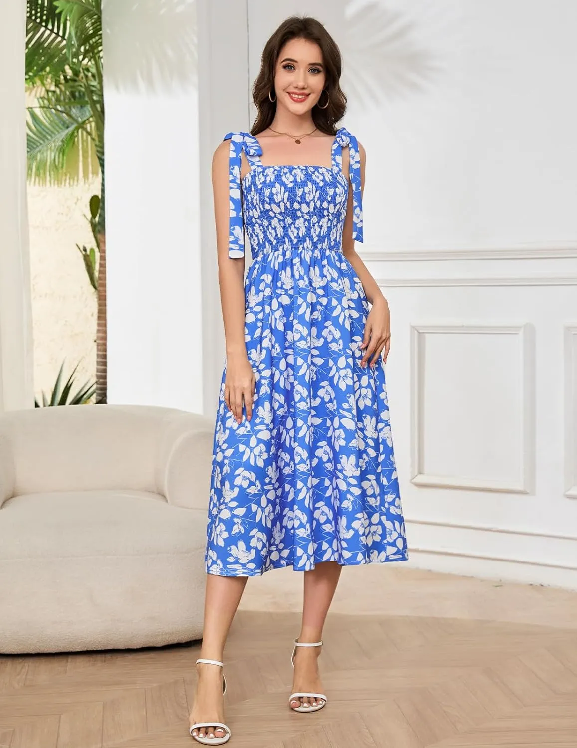 Bbonlinedress Women Summer Floral Boho Casual Midi Sundress Spaghetti Strap Beach Smocked Wedding Guest Flowy Dress