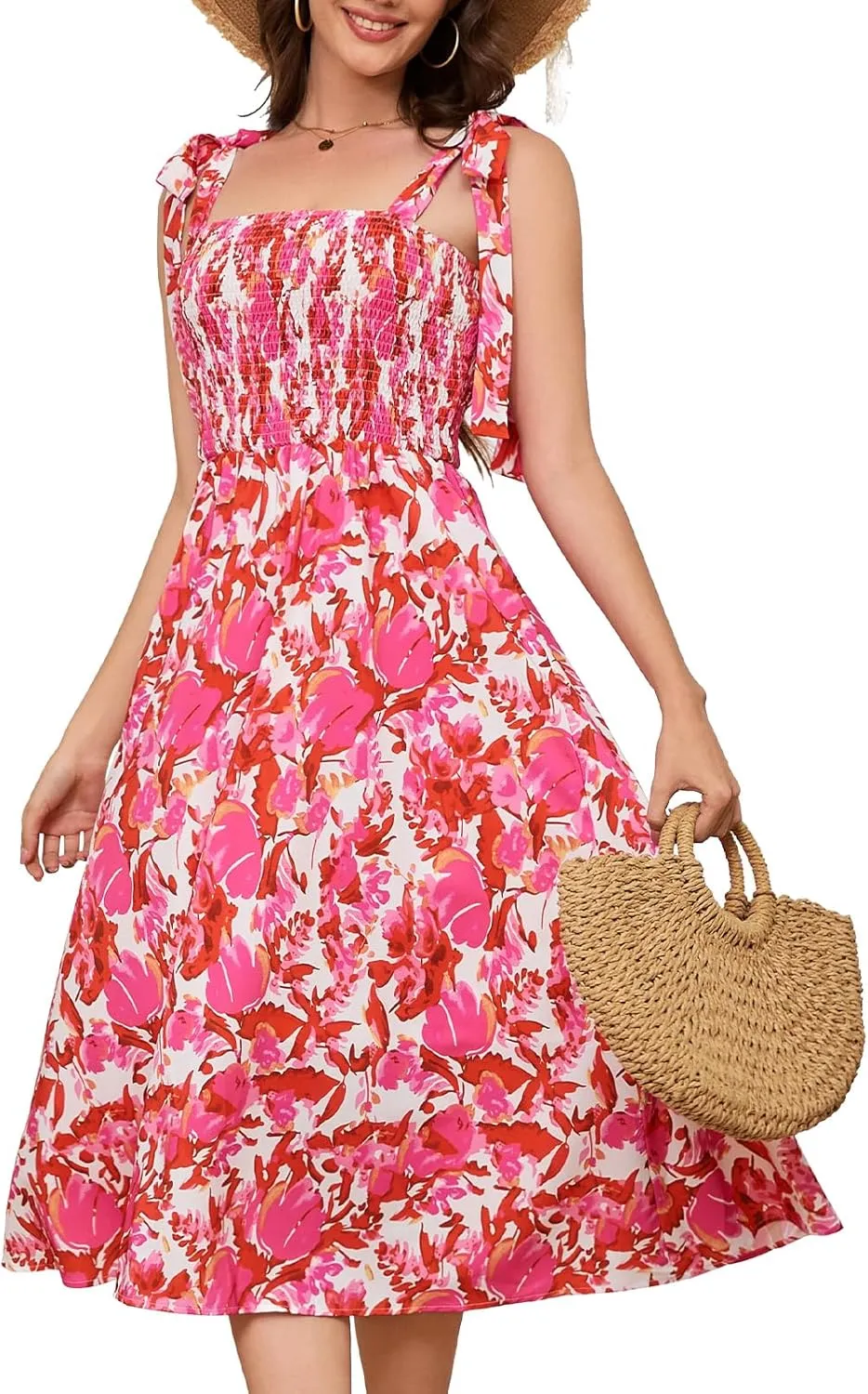 Bbonlinedress Women Summer Floral Boho Casual Midi Sundress Spaghetti Strap Beach Smocked Wedding Guest Flowy Dress