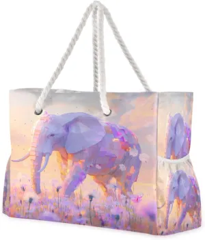 Beach Bag - Large Tote Bags for Women Colorful Elephant Purple Shoulder Bags Zipper Waterproof Sandproof for Travel Gym Swim Daily
