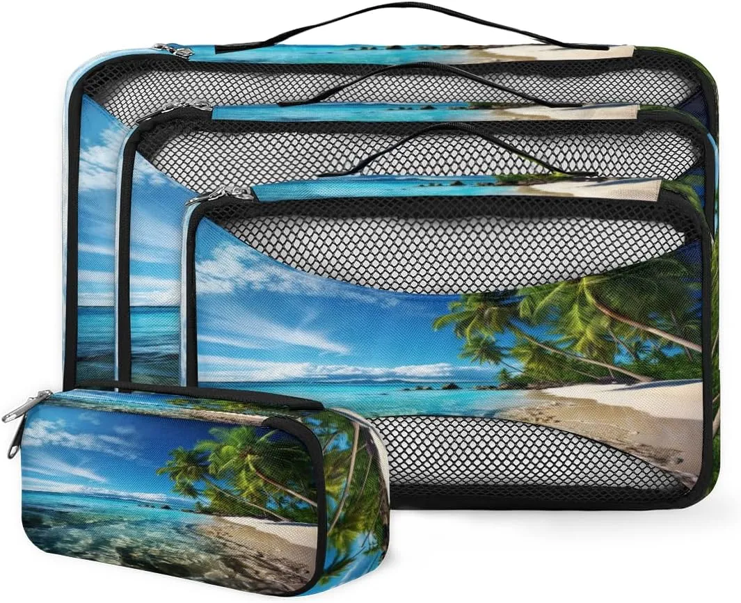 Beach Palm Tree Travel Packing Cubes 4 Set, Tropical Tree Luggage Packing Organizers Carry on Suitcase Storage Mesh Bags Accessories