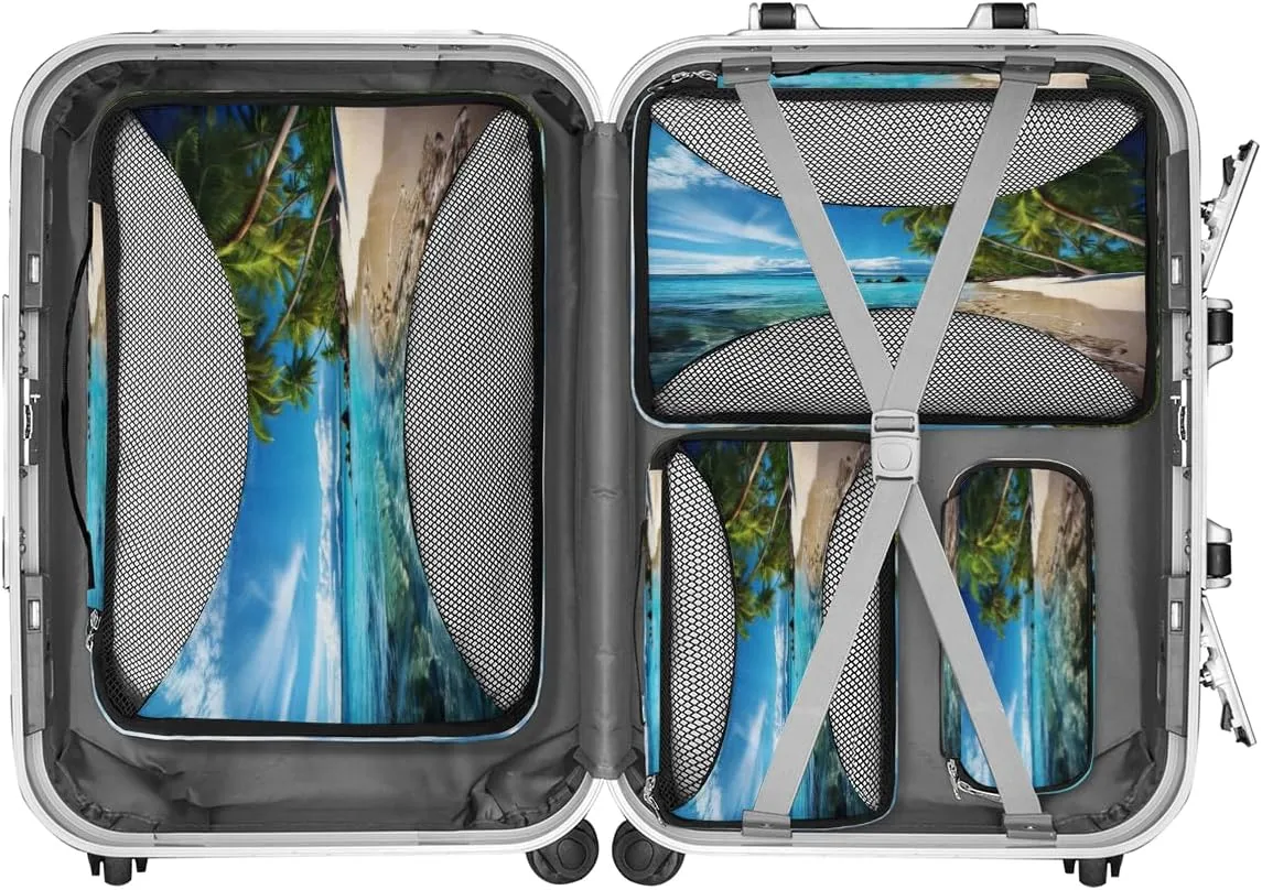 Beach Palm Tree Travel Packing Cubes 4 Set, Tropical Tree Luggage Packing Organizers Carry on Suitcase Storage Mesh Bags Accessories