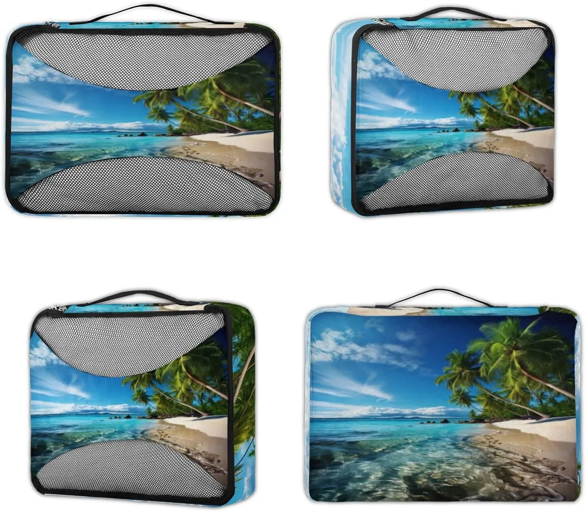 Beach Palm Tree Travel Packing Cubes 4 Set, Tropical Tree Luggage Packing Organizers Carry on Suitcase Storage Mesh Bags Accessories