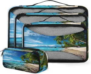 Beach Palm Tree Travel Packing Cubes 4 Set, Tropical Tree Luggage Packing Organizers Carry on Suitcase Storage Mesh Bags Accessories