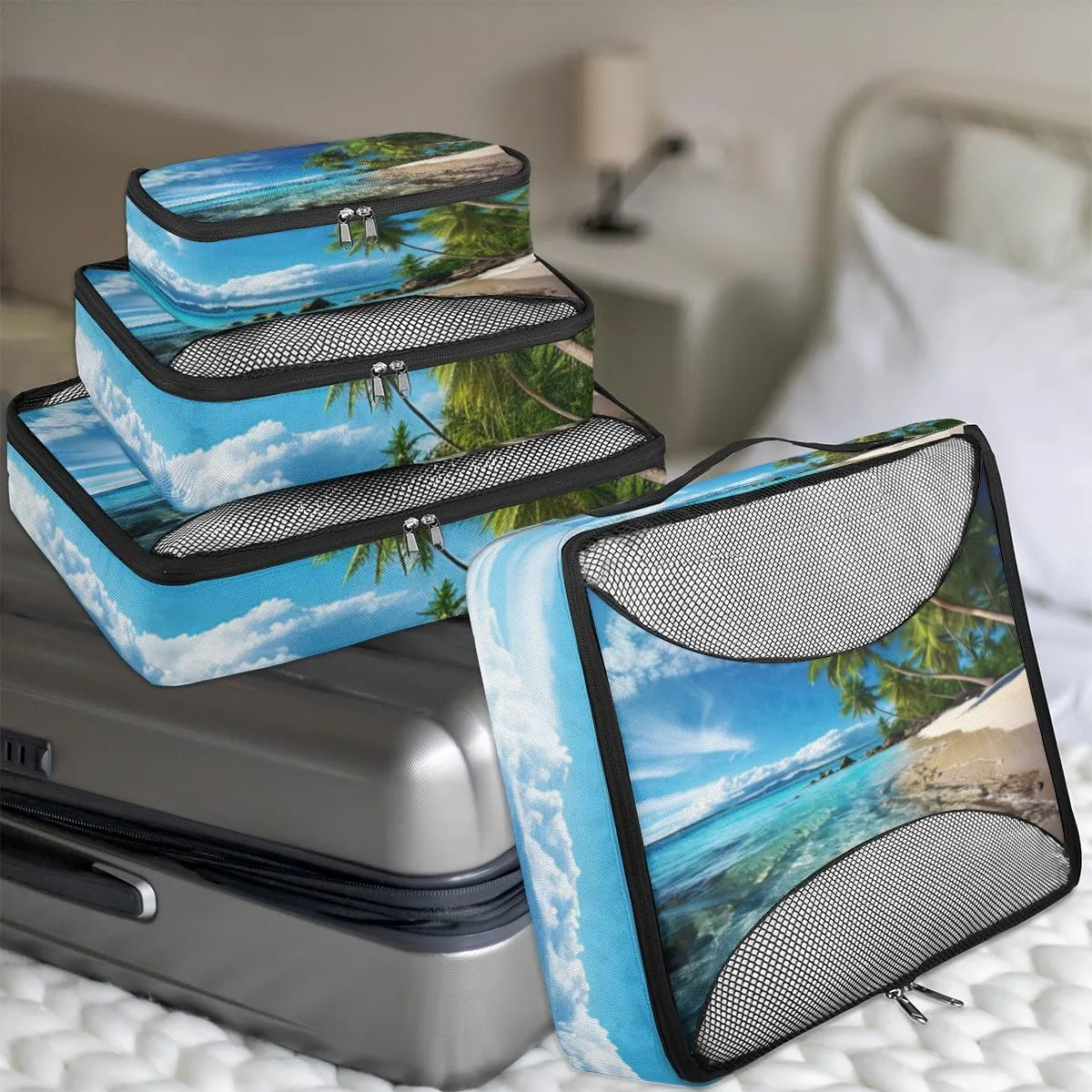 Beach Palm Tree Travel Packing Cubes 4 Set, Tropical Tree Luggage Packing Organizers Carry on Suitcase Storage Mesh Bags Accessories