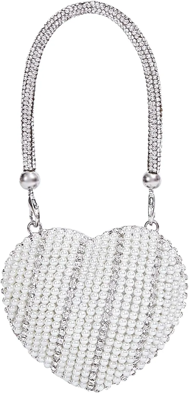 Beaded Purse Pearl Diamond Beaded Heart Handbag for Women Dressy Fashionable Wedding Guest Crossbody Bags Party Bridal
