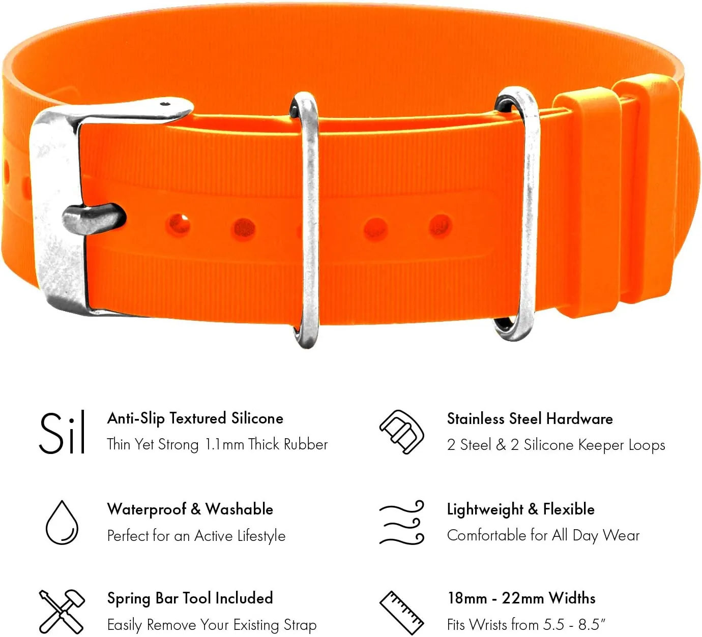 Benchmark Basics Silicone Watch Band - Single Pass Rubber Strap - 18mm, 20mm & 22mm - 4 Colors