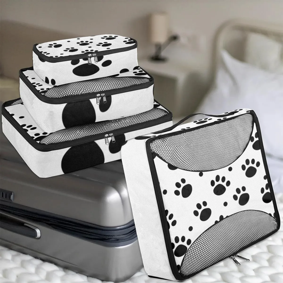 Black White Dog Paw Print Travel Packing Cubes 4 Set, Animal Cat Paw Print Luggage Packing Organizers Carry on Suitcase Storage Mesh Bags Accessories