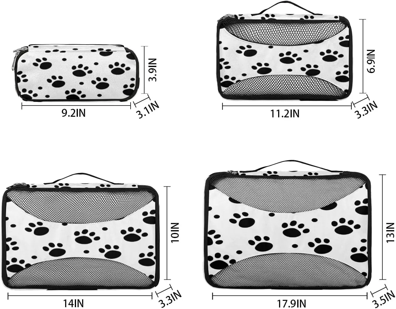 Black White Dog Paw Print Travel Packing Cubes 4 Set, Animal Cat Paw Print Luggage Packing Organizers Carry on Suitcase Storage Mesh Bags Accessories