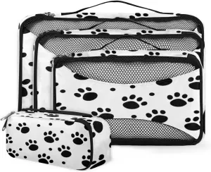 Black White Dog Paw Print Travel Packing Cubes 4 Set, Animal Cat Paw Print Luggage Packing Organizers Carry on Suitcase Storage Mesh Bags Accessories