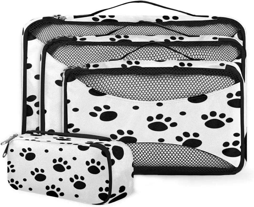 Black White Dog Paw Print Travel Packing Cubes 4 Set, Animal Cat Paw Print Luggage Packing Organizers Carry on Suitcase Storage Mesh Bags Accessories