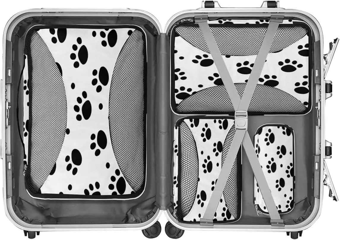 Black White Dog Paw Print Travel Packing Cubes 4 Set, Animal Cat Paw Print Luggage Packing Organizers Carry on Suitcase Storage Mesh Bags Accessories