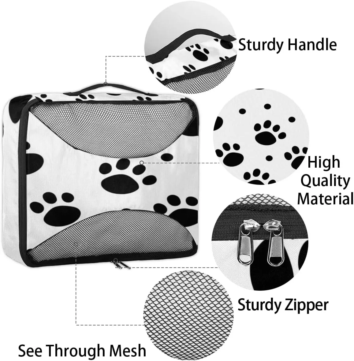 Black White Dog Paw Print Travel Packing Cubes 4 Set, Animal Cat Paw Print Luggage Packing Organizers Carry on Suitcase Storage Mesh Bags Accessories