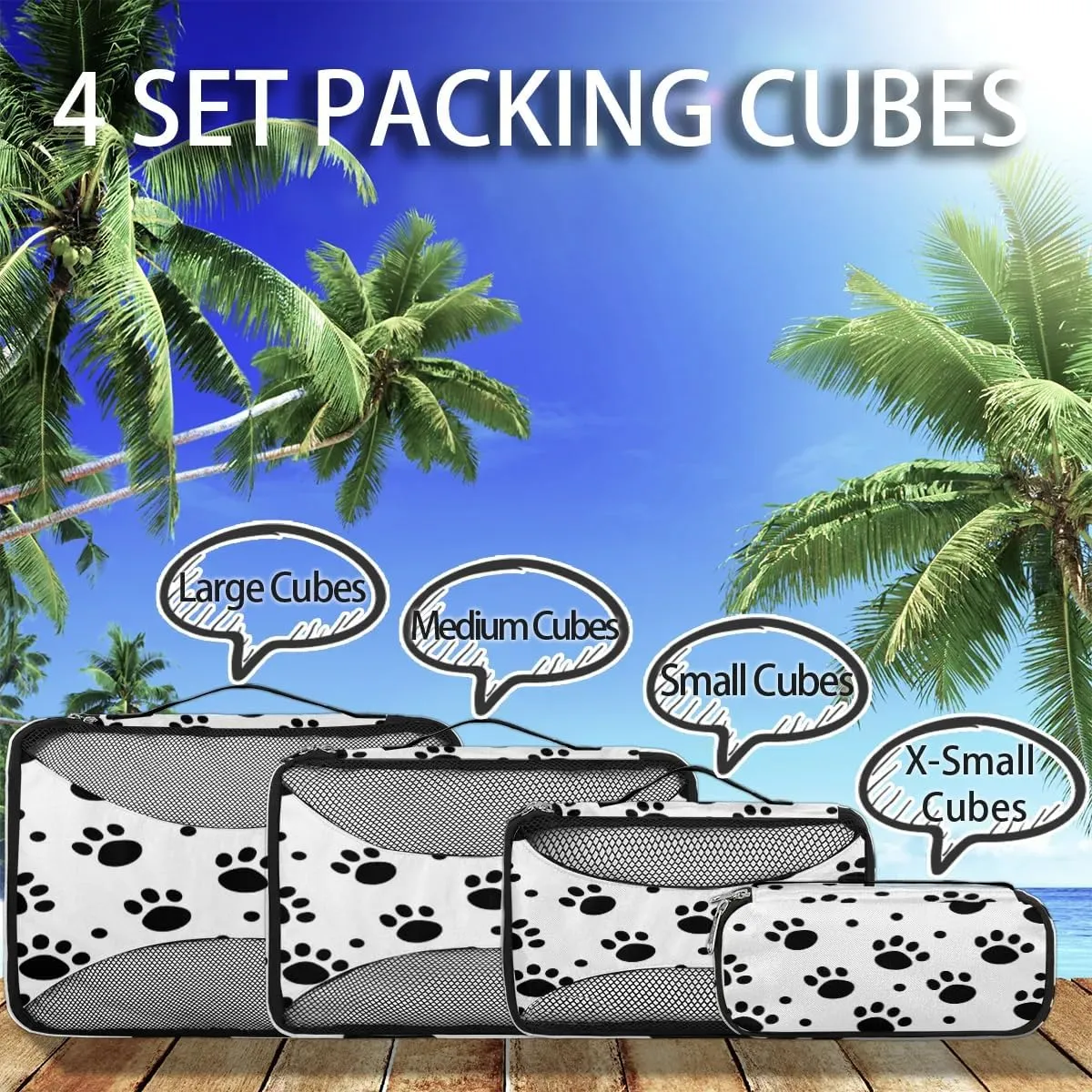 Black White Dog Paw Print Travel Packing Cubes 4 Set, Animal Cat Paw Print Luggage Packing Organizers Carry on Suitcase Storage Mesh Bags Accessories
