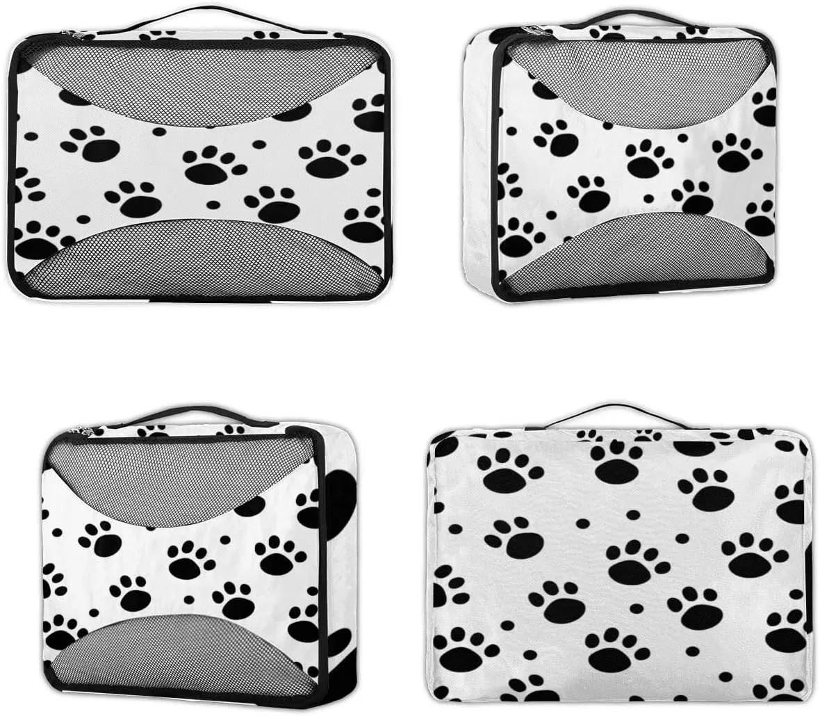 Black White Dog Paw Print Travel Packing Cubes 4 Set, Animal Cat Paw Print Luggage Packing Organizers Carry on Suitcase Storage Mesh Bags Accessories