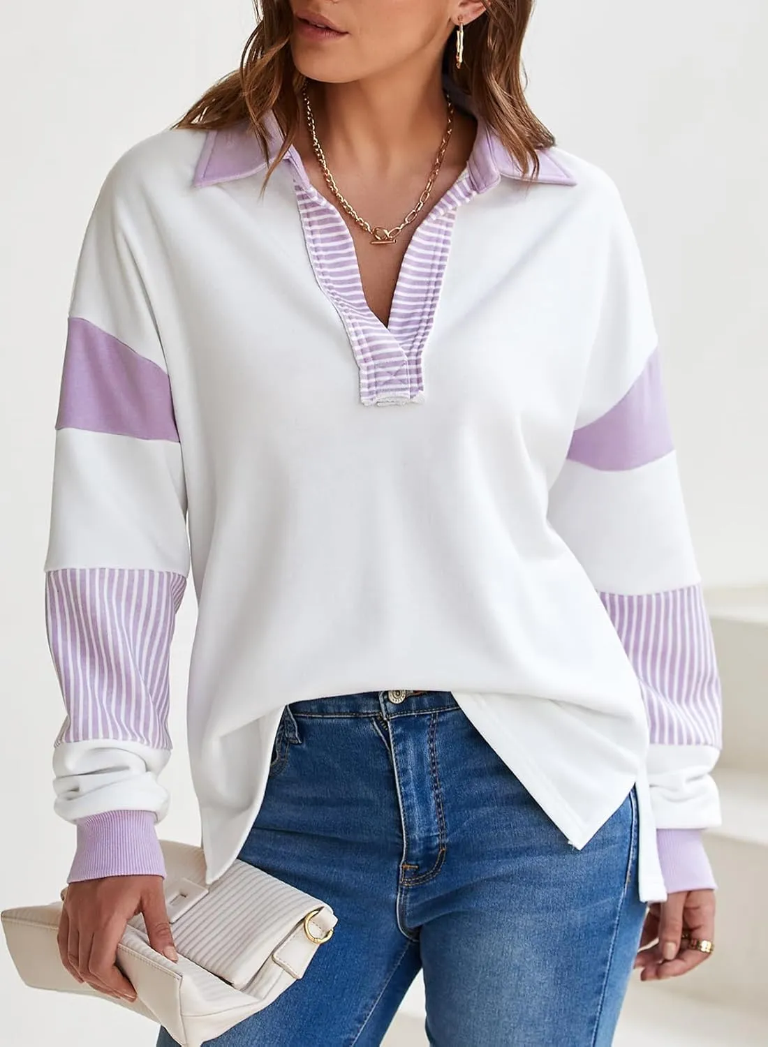 BLENCOT Women Oversized Sweatshirts Color Block Long Sleeve Loose V Neck Fall Outfits 2024 Fashion Slit Pullover