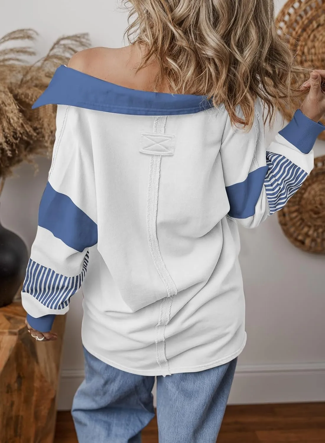 BLENCOT Women Oversized Sweatshirts Color Block Long Sleeve Loose V Neck Fall Outfits 2024 Fashion Slit Pullover