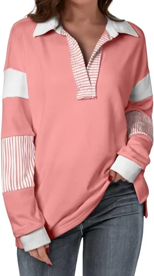BLENCOT Women Oversized Sweatshirts Color Block Long Sleeve Loose V Neck Fall Outfits 2024 Fashion Slit Pullover